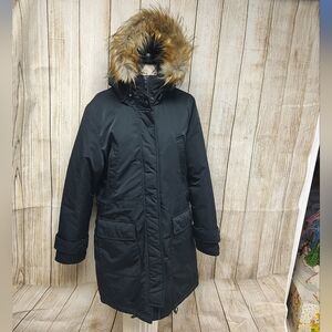 American Airline's Large Long Parka Heavy Coat Puffer Jacket Faux Fur Hood